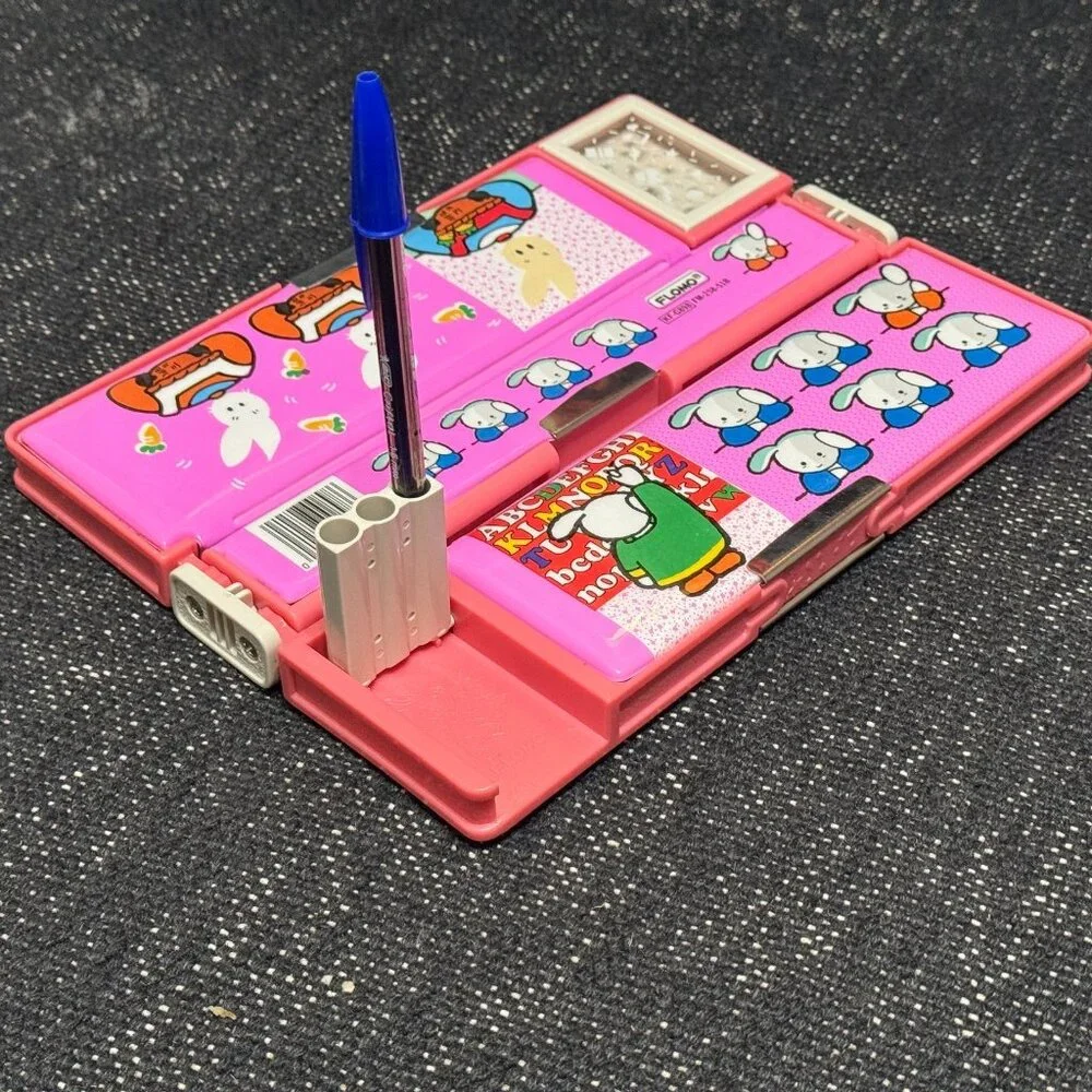 Flomo® Pencil Case, Double-Sided Multi-Compartment, Pink Bunny, Vintage 1980s